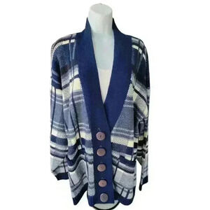 J.J. Browne Cardigan Sweater / Oversized, Blue Plaid/ Large Buttons / Size M